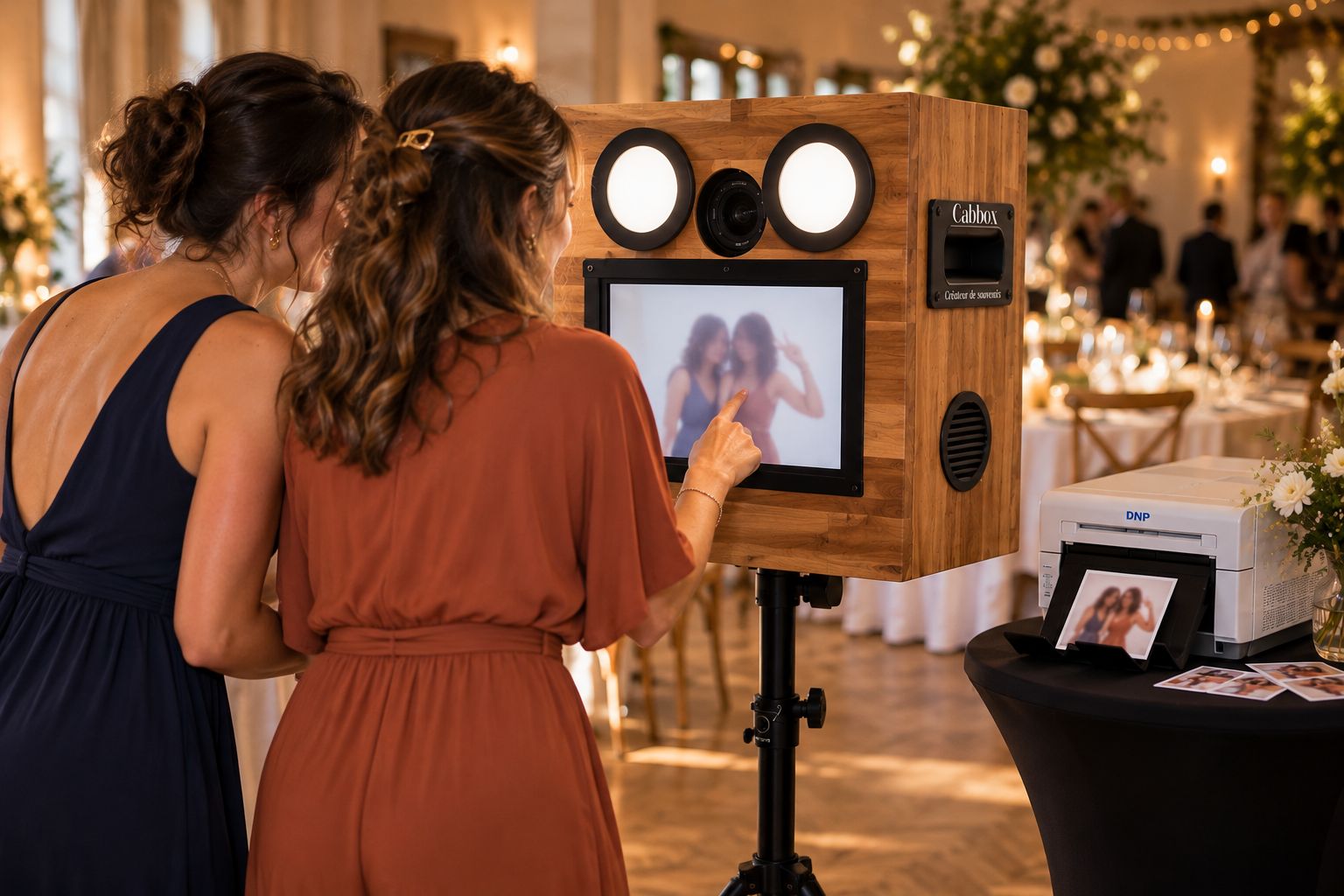 Deux invitées lancent une photo sur l’écran tactile de la Cabbox ; le tirage sort de l’imprimante