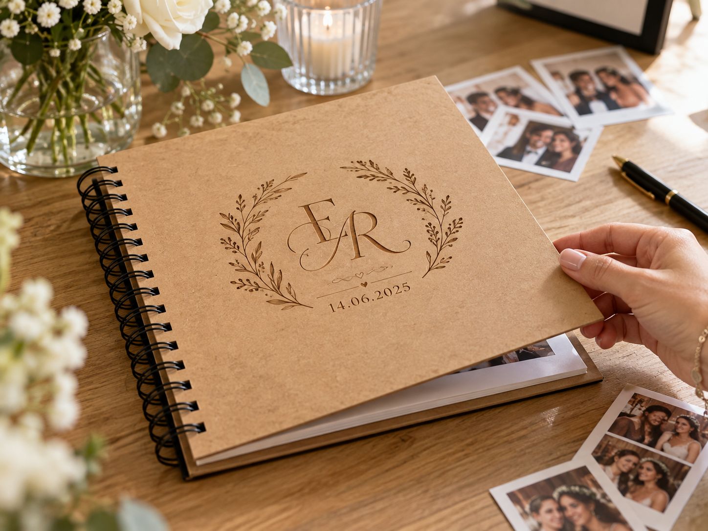 Livre d’or à couverture kraft gravée d’initiales et d’une date, posé parmi des tirages