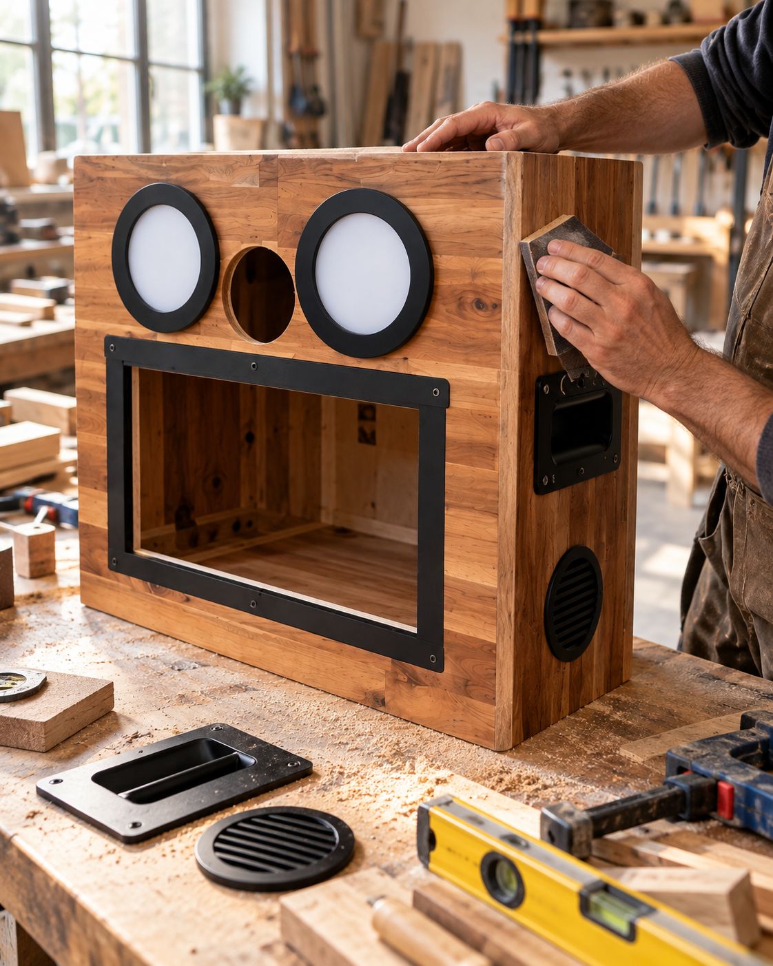 À l’atelier, un artisan ponce à la main le caisson en bois d’une Cabbox