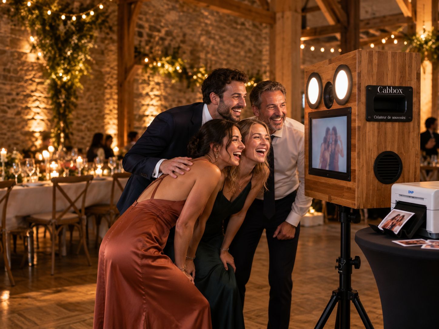 Des invités en tenue de soirée posent en riant devant la Cabbox