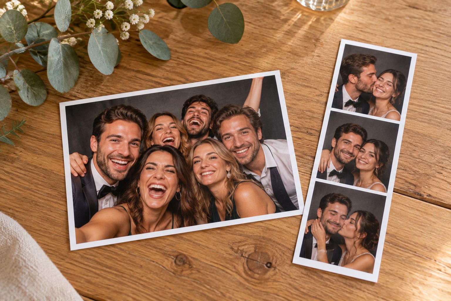 Deux tirages posés sur une table : une photo de groupe et une bande de trois photos